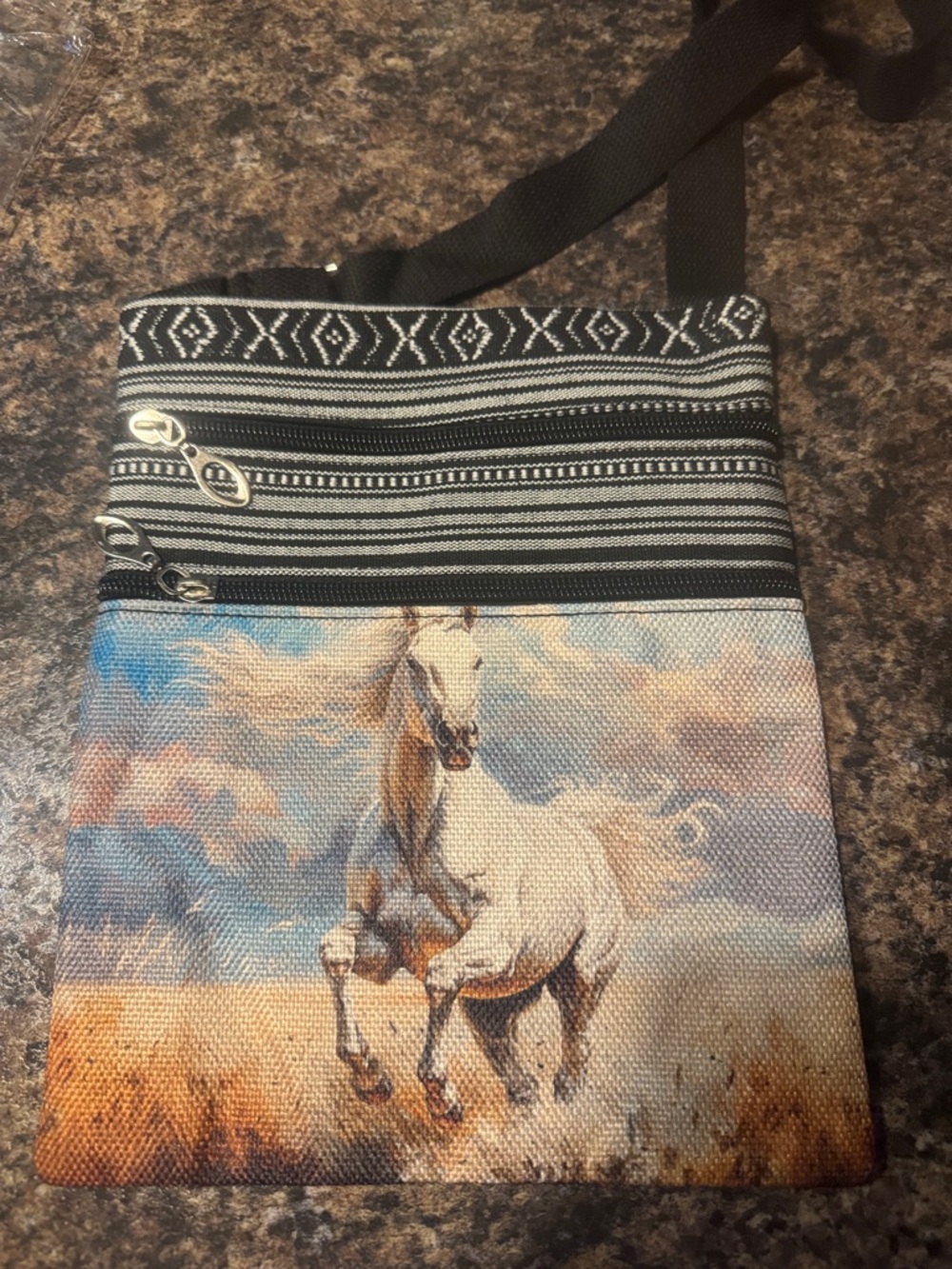 Running White Horse Crossbody Bag with Black Strap